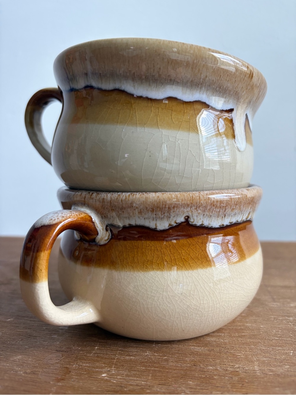 Vintage Ceramic Stoneware Drip Glaze Soup Cups /Mugs - Cream & Honey Brown
